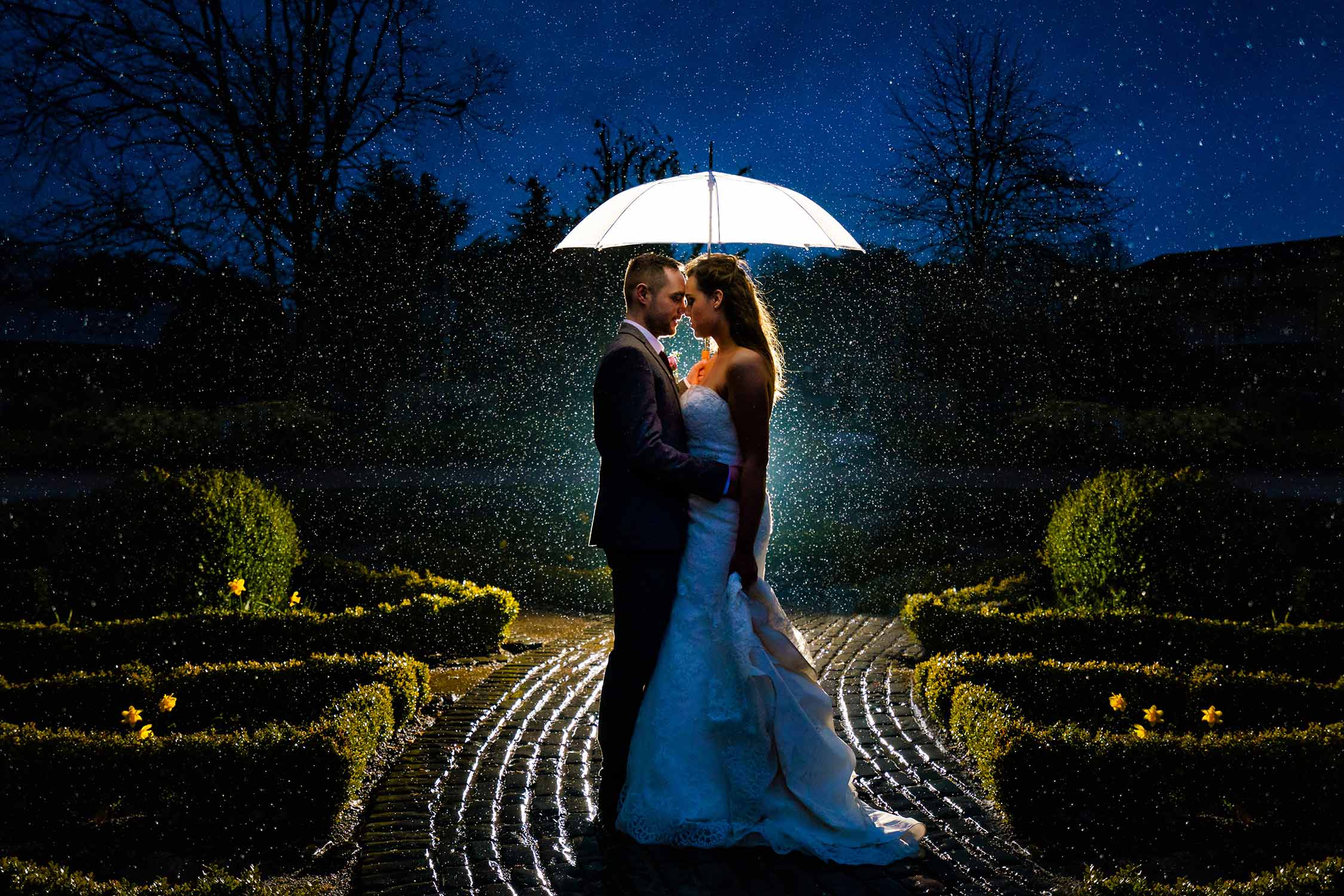 Wedding photo from Colwick Hall in Nottingham. Bride & groom in the rain