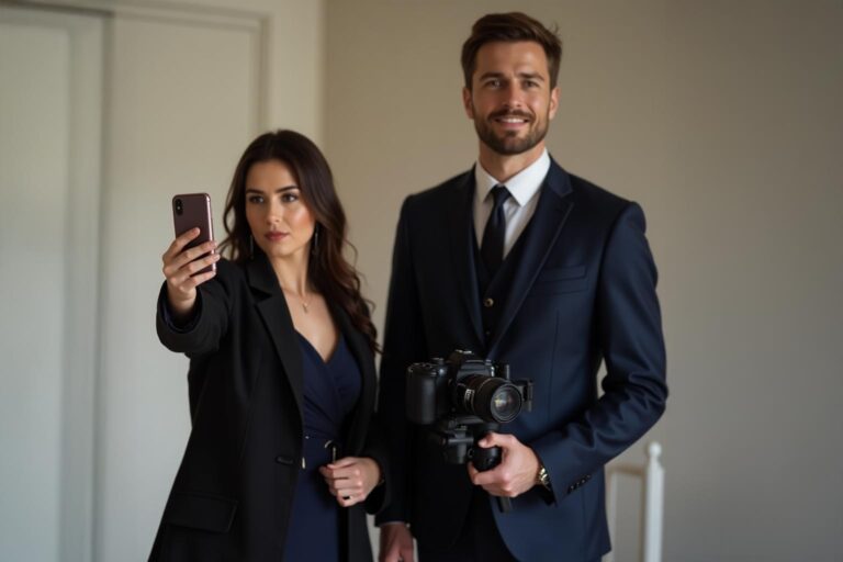 A woman in a black suit takes a selfie with her phone while standing next to a man in a suit holding a professional camera. Both appear serious and are dressed formally indoors.