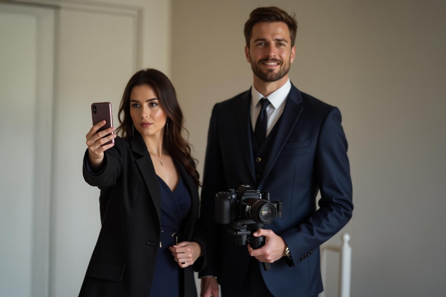 A woman in a black suit takes a selfie with her phone while standing next to a man in a suit holding a professional camera. Both appear serious and are dressed formally indoors.