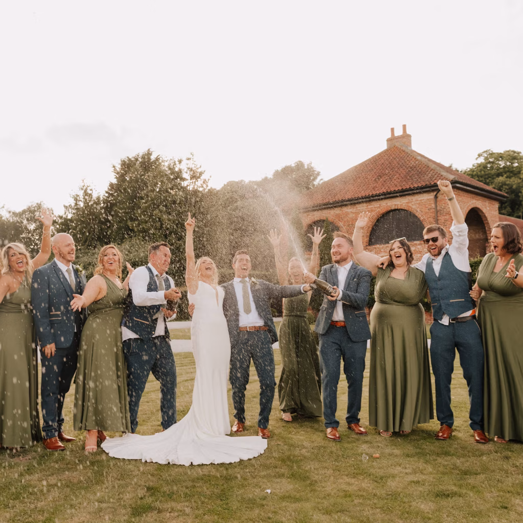 A bride and groom celebrate outdoors with their wedding party, popping a champagne bottle as everyone cheers, smiles, and laughs. The bridesmaids wear green dresses and the groomsmen wear blue suits. A brick building is in the background.